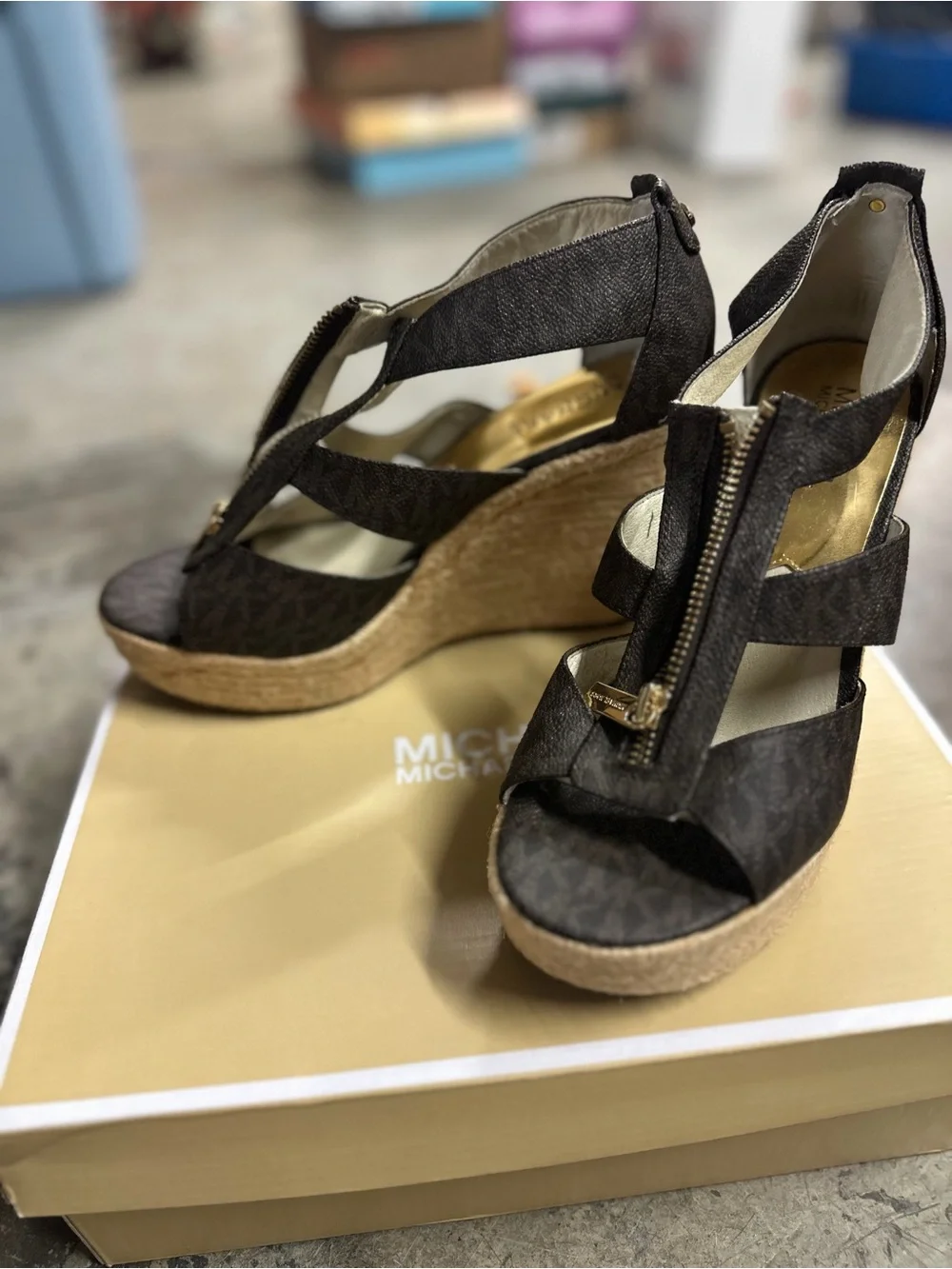 Michael Kors Dark Brown Logo Espadrille Wedge Sandals with Front Zip
